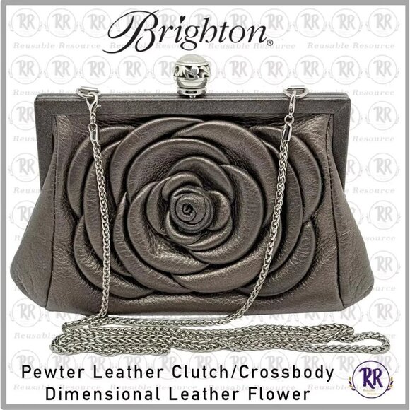 Brighton Pewter Leather Clutch Crossbody Purse Large Dimensional Flower on Front - Picture 1 of 9